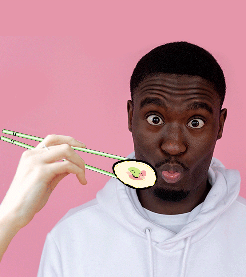 A young man is pleasantly surprised by the prospect of enjoying a sushi meal